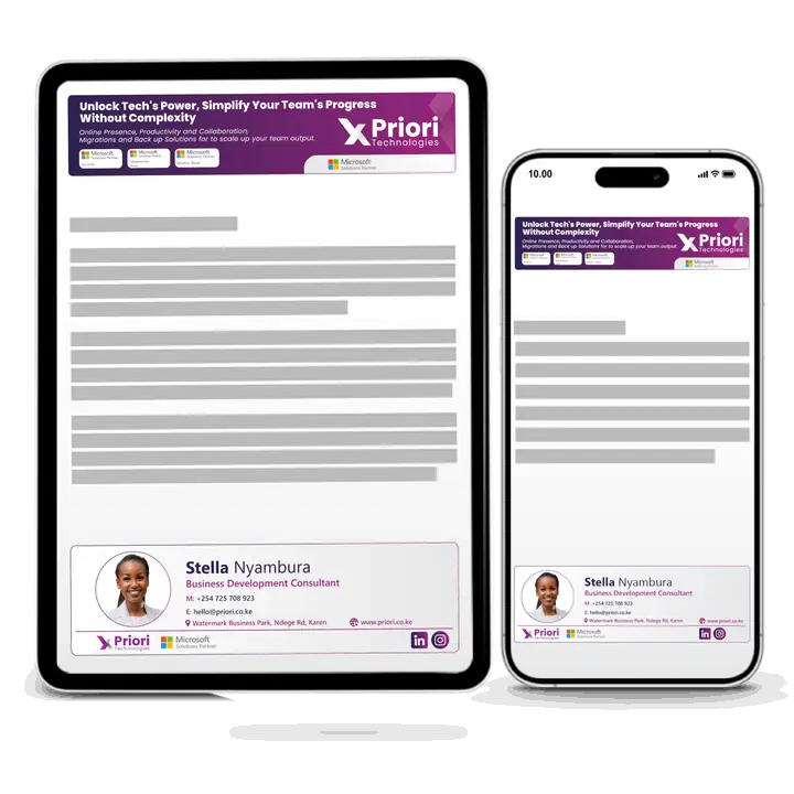 Illustration of the same email signature displayed on a laptop, tablet and phone