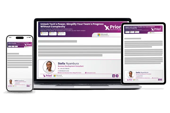 Illustration of a branded company email signature with logo, contact details and a banner
