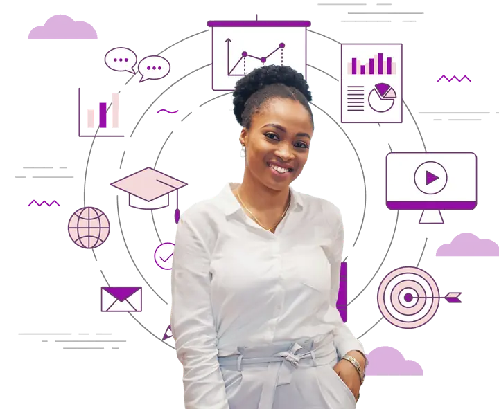 Illustration of a trainer showing a group of staff how to work with Microsoft 365 apps on a shared screen